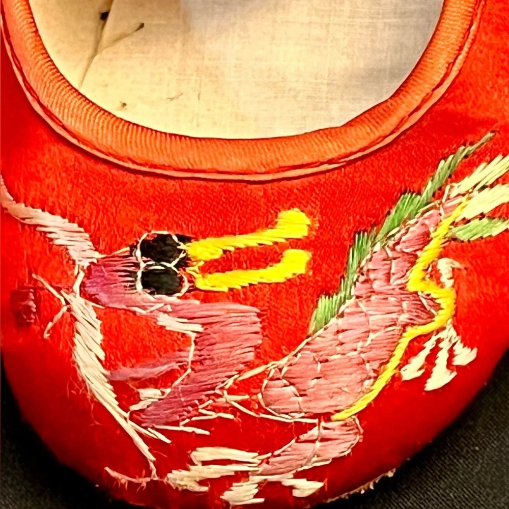 VTG Chinese Embroidered Silk Red Dragon Baby Slippers Shoes Doll Display Sz 6